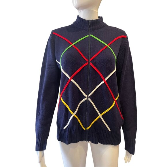 Vintage Ladies full zip Cardigan Royal Blue Argyle pockets mock neck mod preppy - Picture 1 of 6